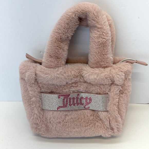 Juicy Couture Handbags - Juicy Couture Pink Mini Faux Fur Tote Bag Purse Free Love Bejeweled Fuzzy Y2K